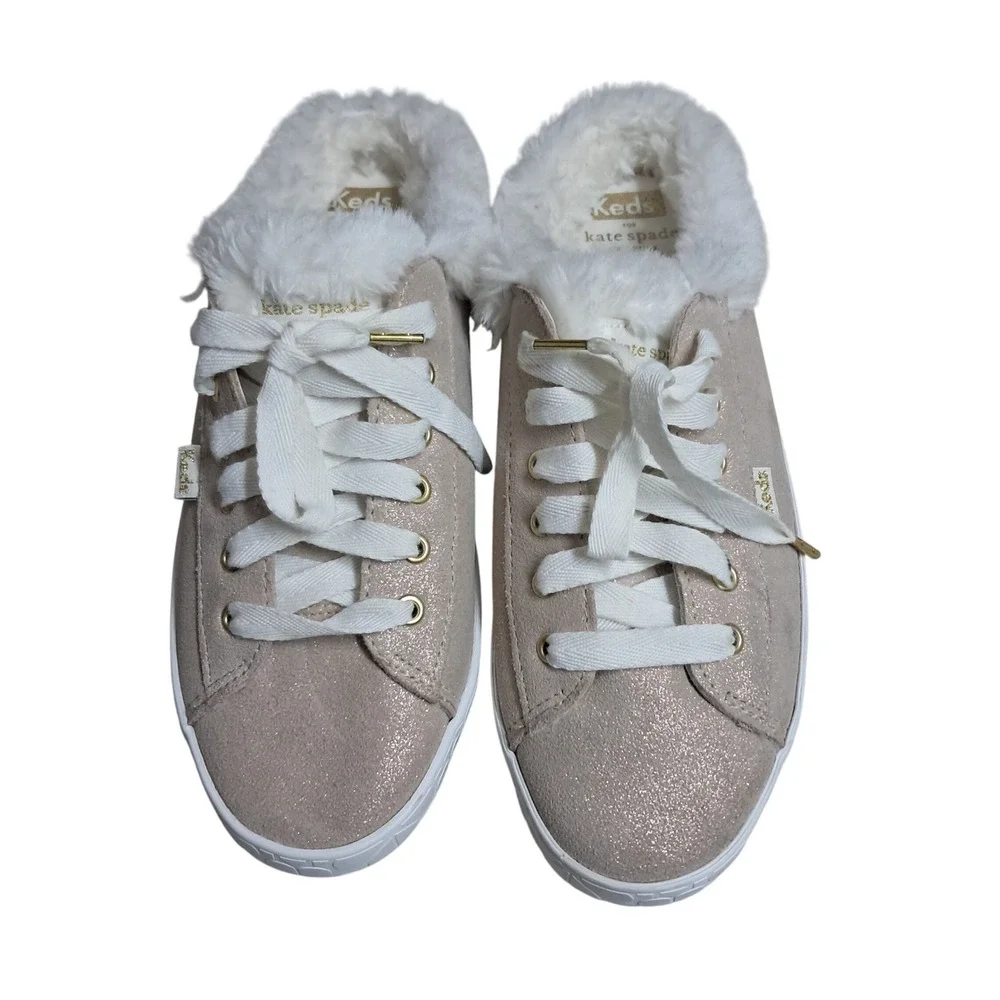 Kate Spade Keds Shoes Womens 8 Rose Gold Glitter Kickstart Mule Faux Fur Sneaker